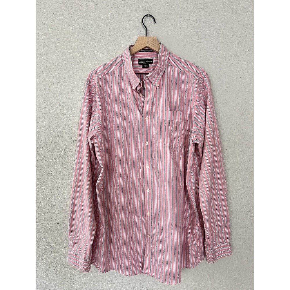 Eddie Bauer Wrinkle Resistant Relaxed Fit Men TXL Striped Pink Blue Coastal